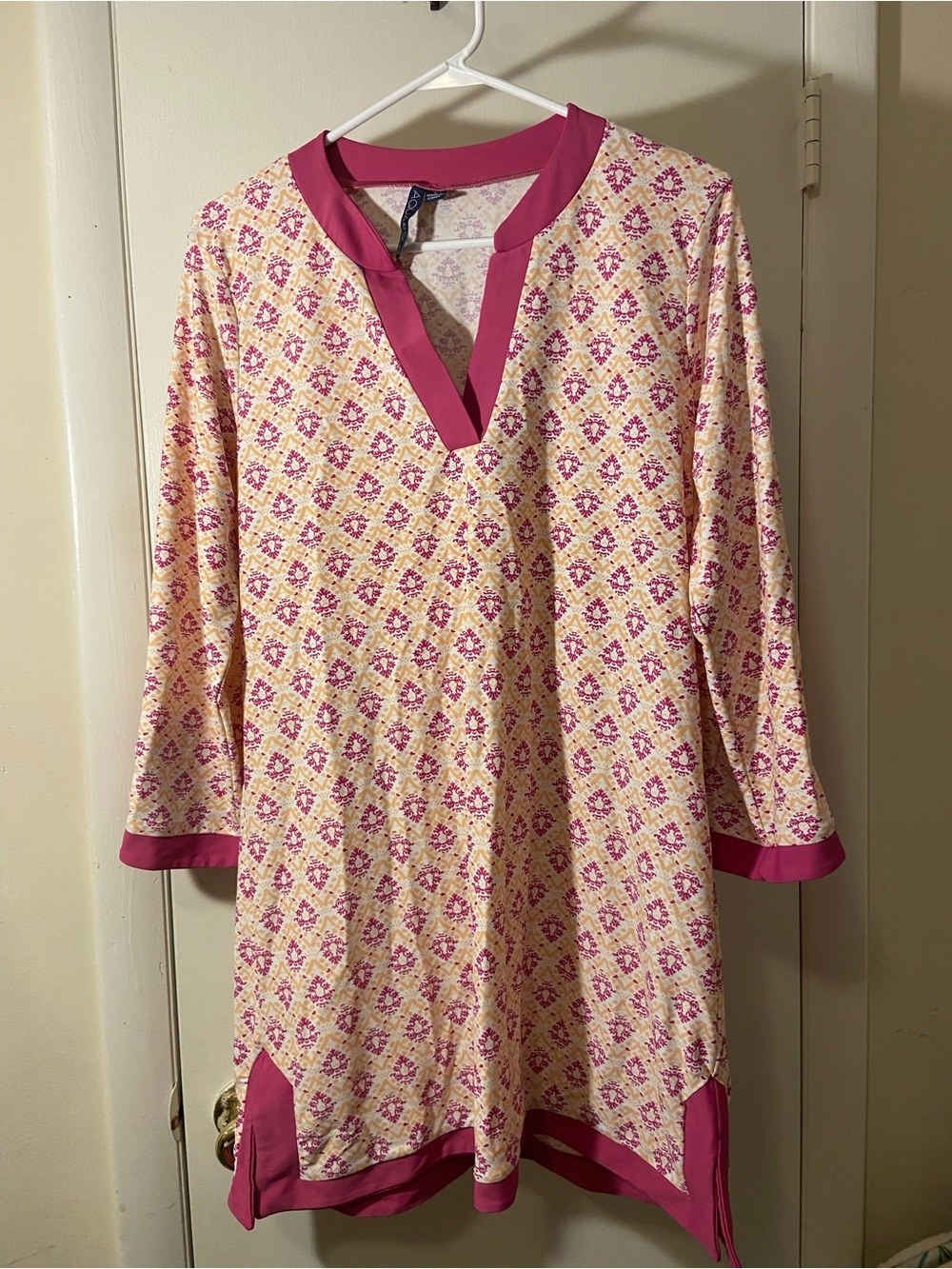 Pink Patterned V-Neck Swim Coverup Tunic
